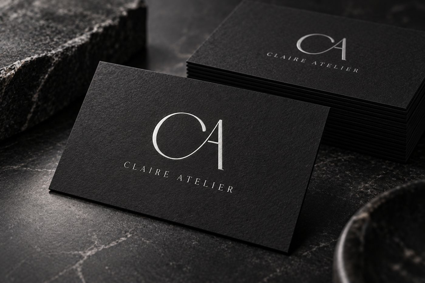 Claire Atelier 모노그램이 인쇄된 검정 명함 목업