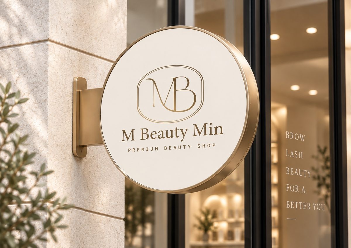 M Beauty Min 로고를 적용한 아이보리 원형 돌출 간판 목업